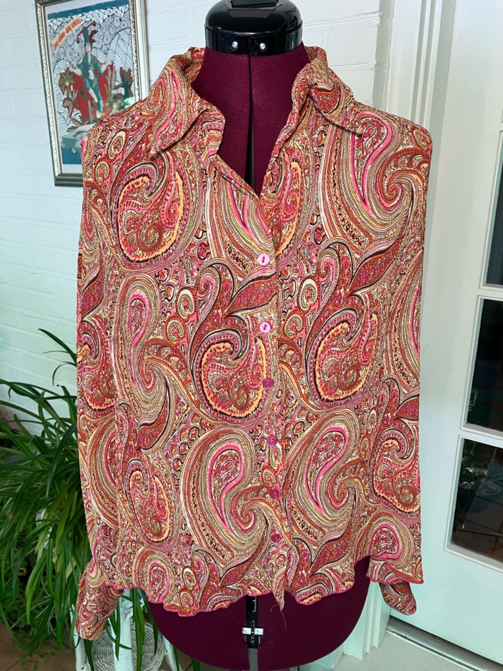 Women's Paisley Button-Front Blouse in Pink and Gold